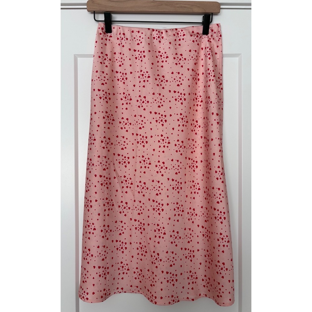 Mi Ami Pink Paris Romantic Festival Heart Print Midi Skirt S Elastic A-Line